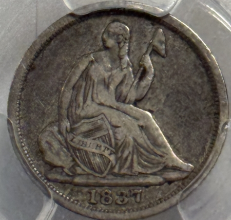 Half Dimes 1837 SEATED LIBERTY HALF DIME, SMALL DATE – PCGS VF-20, WHOLESOME & ORIGINAL!