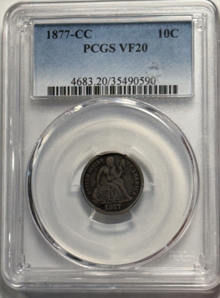 Dimes 1877-CC SEATED LIBERTY DIME – PCGS VF-20, CARSON CITY!