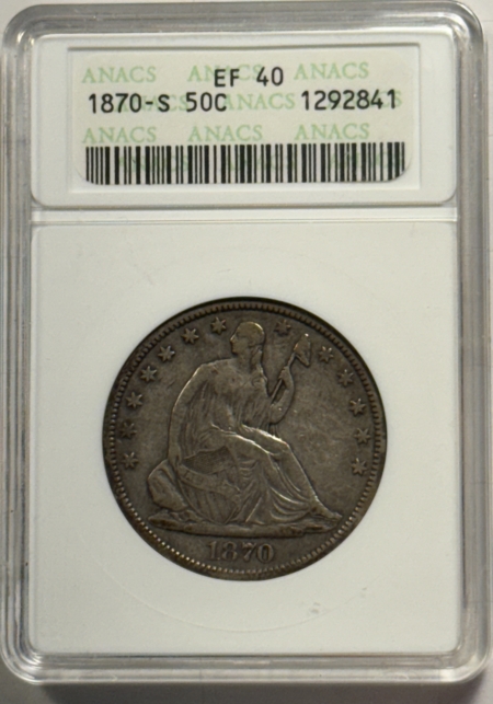Half Dollars 1870-S SEATED LIBERTY HALF DOLLAR ANACS EF-40 WHOLESOME PREMIUM QUALITY, SCARCE!