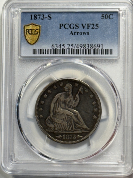 Half Dollars 1873-S SEATED LIBERTY HALF DOLLAR, ARROWS – PCGS VF-25, SCARCE & NICE!