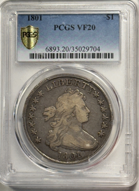 Early Halves 1801 $1 DRAPED BUST DOLLAR – PCGS VF-20, VERY NICE, PROBLEM-FREE!