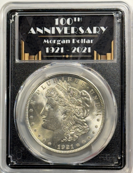 Dollars 1921 $1 MORGAN DOLLAR – PCGS MS-63, 100TH ANNIVERSARY HOLDER!