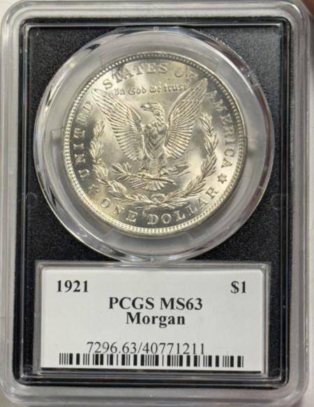 Dollars 1921 $1 MORGAN DOLLAR – PCGS MS-63, 100TH ANNIVERSARY HOLDER!