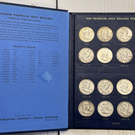 Coin Rolls 1948-1963 FRANKLIN HALF DOLLAR 35 COIN SILVER COMPLETE SET CIRC IN ALBUM W/ UNCS