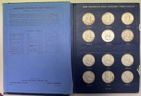 Coin Rolls 1948-1963 FRANKLIN HALF DOLLAR 35 COIN SILVER COMPLETE SET CIRC IN ALBUM W/ UNCS