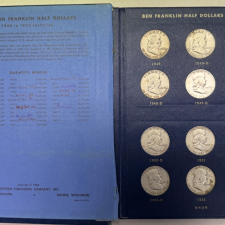 Coin Rolls 1948-1963 FRANKLIN HALF DOLLAR 35 COIN SILVER COMPLETE SET CIRC IN ALBUM W/ UNCS