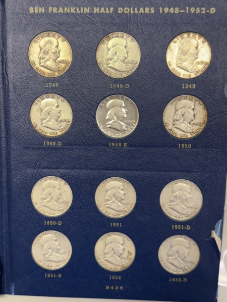 Coin Rolls 1948-1963 FRANKLIN HALF DOLLAR 35 COIN SILVER COMPLETE SET CIRC IN ALBUM W/ UNCS