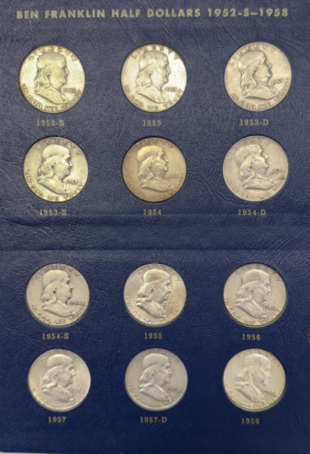Coin Rolls 1948-1963 FRANKLIN HALF DOLLAR 35 COIN SILVER COMPLETE SET CIRC IN ALBUM W/ UNCS