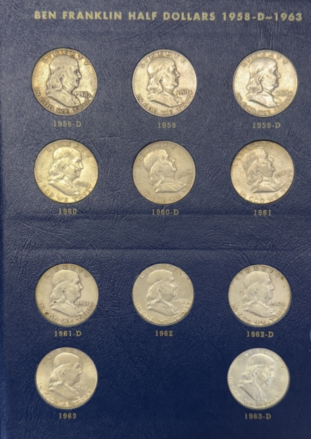 Coin Rolls 1948-1963 FRANKLIN HALF DOLLAR 35 COIN SILVER COMPLETE SET CIRC IN ALBUM W/ UNCS