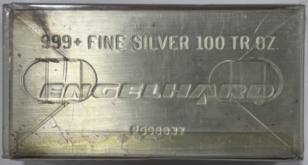 Bullion VINTAGE 100 OZ ENGELHARD .999+ STRUCK SILVER BAR IN ORIG PLASTIC; SERIAL #998837