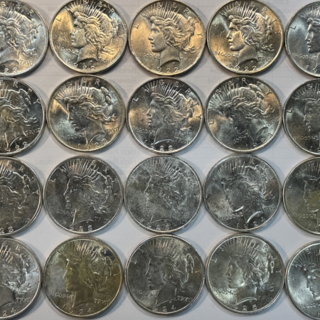 Dollars 1922-1925 $1 PEACE DOLLAR, MIXED ROLL OF 20 COINS IN TUBE, AU-CU