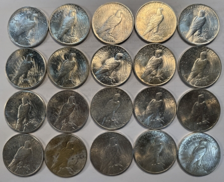 Dollars 1922-1925 $1 PEACE DOLLAR, MIXED ROLL OF 20 COINS IN TUBE, AU-CU