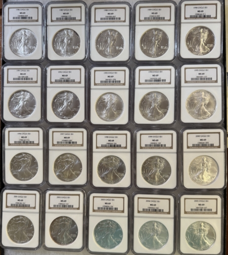 American Silver Eagles 1986-2005 20 COIN 1 OZ AMERICAN SILVER EAGLE SET – NGC MS-69 W/ BOX, MATCHED SET