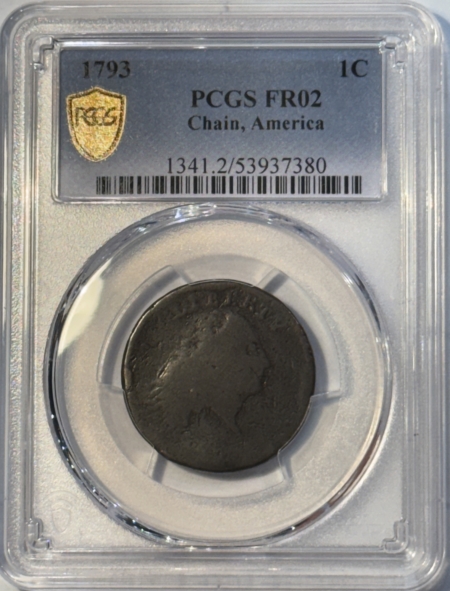 Early Copper & Colonials 1793 FLOWING HAIR LG CENT CHAIN, AMERICA PCGS FR-2, PREMIUM QUALITY! AG+ DETAILS