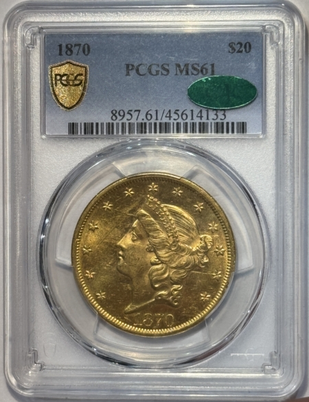 $20 1870 $20 LIBERTY GOLD DOUBLE EAGLE – PCGS MS-61, CAC APPROVED!