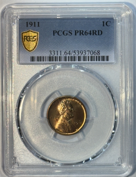 Lincoln Cents (Wheat) 1911 PROOF LINCOLN CENT – PCGS PR-64 RD, LOOKS 66! PREMIUM QUALITY!