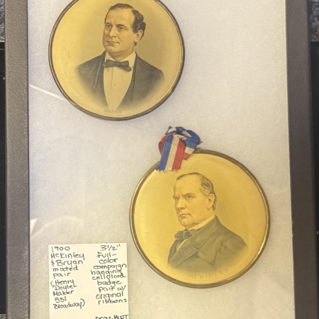 New Store Items 1900 MCKINLEY-BRYAN PAIR 3 1/2″ HANGING CELLULOID BADGES-FULL COLOR & SCARCE!