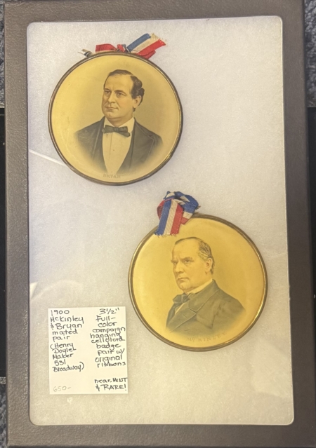 New Store Items 1900 MCKINLEY-BRYAN PAIR 3 1/2″ HANGING CELLULOID BADGES-FULL COLOR & SCARCE!
