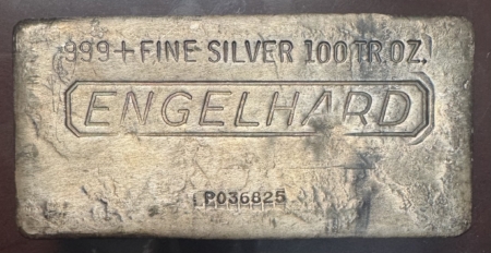 Bullion VINTAGE 100 OZ ENGLEHARD .999 POURED SILVER BAR; SERIAL #P036825