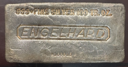 Bullion VINTAGE 100 OZ ENGLEHARD .999 POURED SILVER BAR; SERIAL #W168915