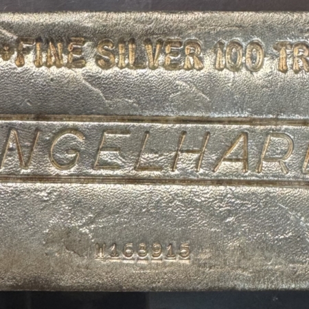 Bullion VINTAGE 100 OZ ENGLEHARD .999 POURED SILVER BAR; SERIAL #W168915