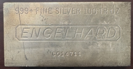 Bullion VINTAGE 100 OZ ENGLEHARD .999 STRUCK SILVER BAR; SERIAL #C014711