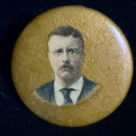 New Store Items 1904 TEDDY ROOSEVELT 1 1/4″ CELLULOID CAMPAIGN BUTTON, COLORFUL & NEAR-MINT!