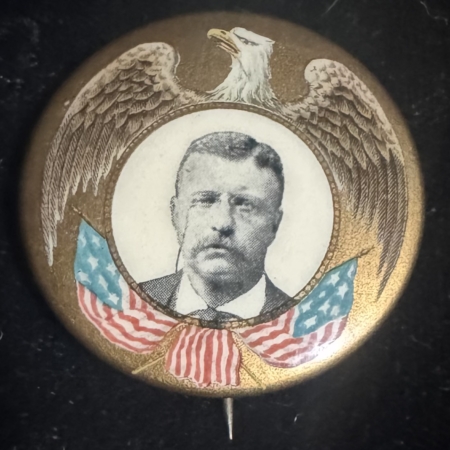 New Store Items 1904 TEDDY ROOSEVELT 1 1/4″ CELLULOID CAMPAIGN BUTTON, VERY SCARCE & NEAR-MINT!