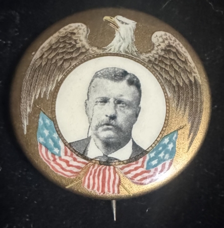 New Store Items 1904 TEDDY ROOSEVELT 1 1/4″ CELLULOID CAMPAIGN BUTTON, VERY SCARCE & NEAR-MINT!
