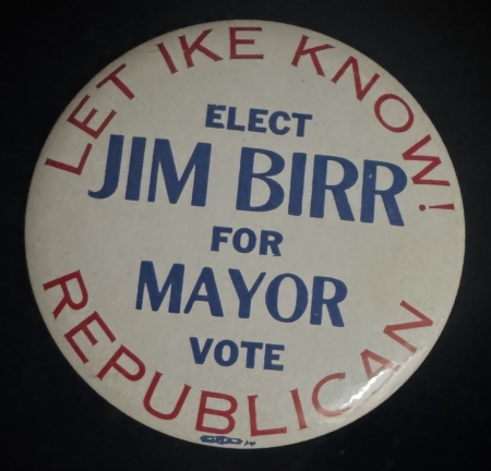 New Store Items 1955 EISENHOWER-JIM BIRR INDIANAPOLIS MAYORIAL 3 1/2″ COAT-TAIL BUTTON-RARE/MINT