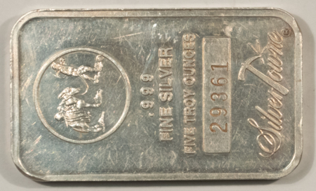 Bullion 5 OZ SILVERTOWNE STRUCK .999 FINE SILVER BAR, #29361, VINTAGE PROSPECTOR DESIGN