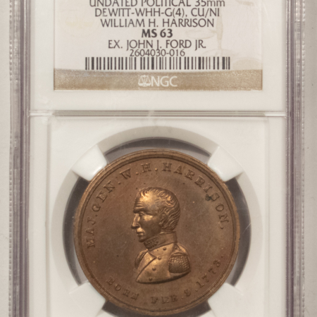 New Store Items RARE ca 1840 WILLIAM HARRISON POLITICAL MEDAL, 35mm, DEWITT WHH-G(4); NGC MS-63!