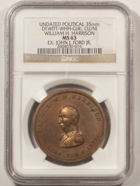 Exonumia RARE ca 1840 WILLIAM HARRISON POLITICAL MEDAL, 35mm, DEWITT WHH-G(4); NGC MS-63!