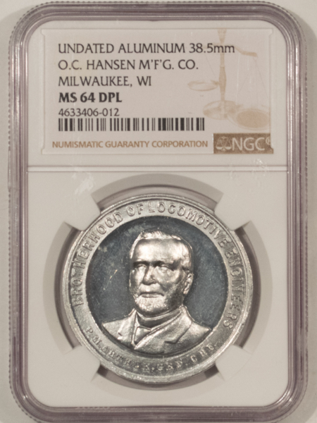 Exonumia UNDATED O.C. HANSEN MFG CO RAILROAD GAUNTLET ALUMINUM MEDAL, 38+mm-NGC MS-64 DPL