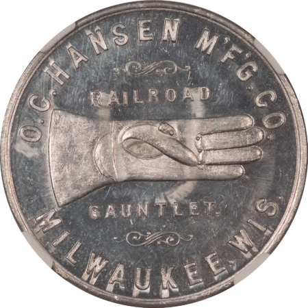 Exonumia UNDATED O.C. HANSEN MFG CO RAILROAD GAUNTLET ALUMINUM MEDAL, 38+mm-NGC MS-64 DPL