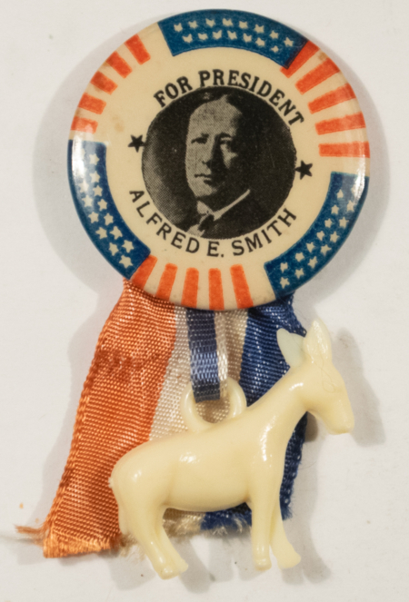 New Store Items 1928 AL SMITH 1 1/4″ FOR PRESIDENT ALFRED E SMITH W/ RIBBON DONKEY – NEAR MINT!