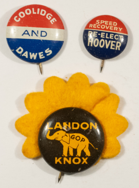New Store Items 1924-1936 COOLIDGE HOOVER LANDON 3 PC CAMPAIGN BUTTON LOT – EXCELLENT