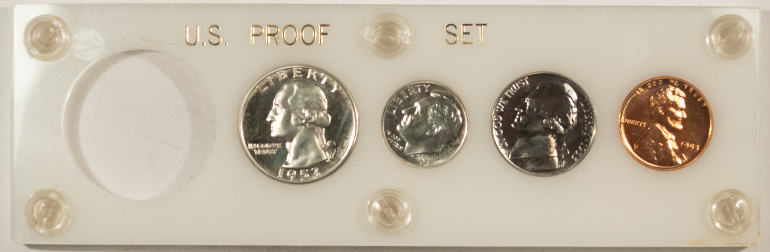 New Store Items 1953 PARTIAL US MINT SILVER PROOF SET (NO 50C) GEM PROOF, VINTAGE CAPITAL HOLDER New Store Items 1953 PARTIAL US MINT SILVER PROOF SET (NO 50C) GEM PROOF, VINTAGE CAPITAL HOLDER