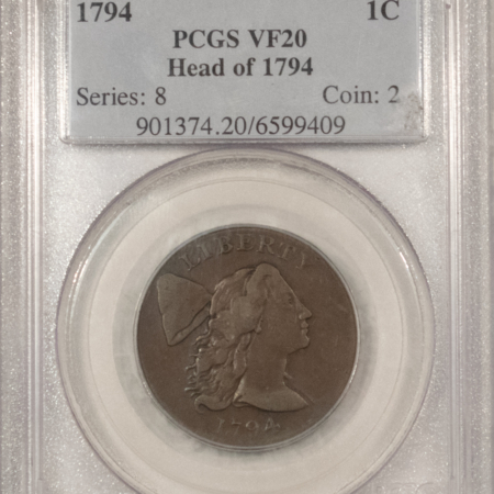 Early Copper & Colonials 1794 FLOWING HAIR LARGE CENT, HEAD OF 1794, S-22 – PCGS VF-20, GREAT COLOR!