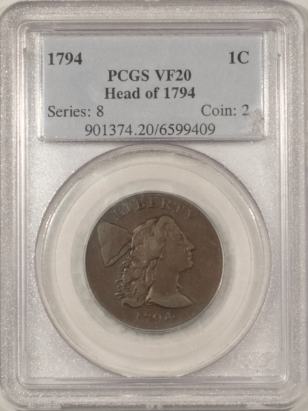 Early Copper & Colonials 1794 FLOWING HAIR LARGE CENT, HEAD OF 1794, S-22 – PCGS VF-20, GREAT COLOR!
