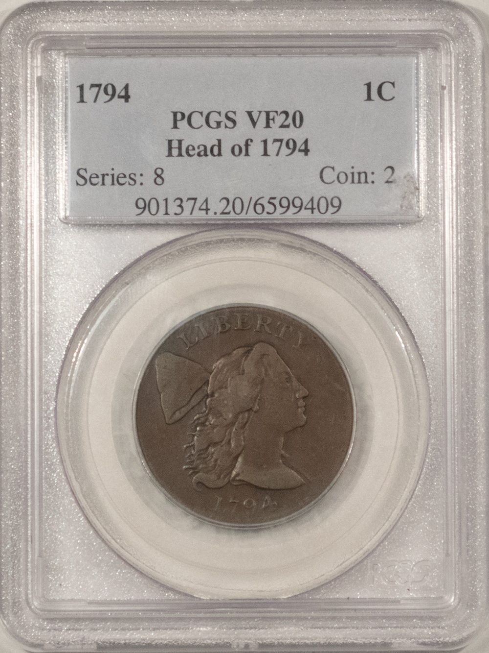 Early Copper & Colonials 1794 FLOWING HAIR LARGE CENT, HEAD OF 1794, S-22 – PCGS VF-20, GREAT COLOR! Early Copper & Colonials 1794 FLOWING HAIR LARGE CENT, HEAD OF 1794, S-22 – PCGS VF-20, GREAT COLOR!