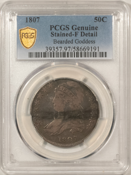 Early Halves 1807 CAPPED BUST HALF DOLLAR, BEARDED GODDESS – PCGS FINE DET STAINED BOLD CRACK