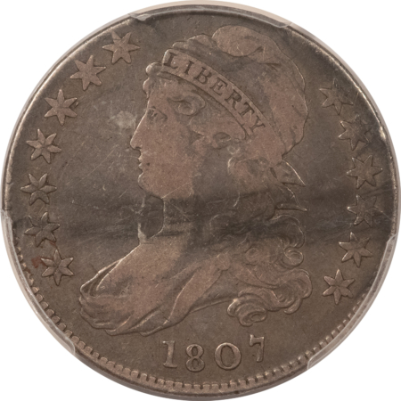 Early Halves 1807 CAPPED BUST HALF DOLLAR, BEARDED GODDESS – PCGS FINE DET STAINED BOLD CRACK