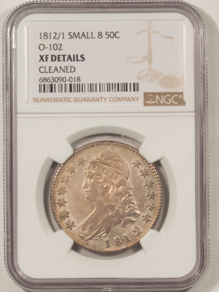 Early Halves 1812/1 CAPPED BUST HALF SMALL 8, O-102, R-2 – NGC XF DETAILS CLEANED, LOOKS AU!