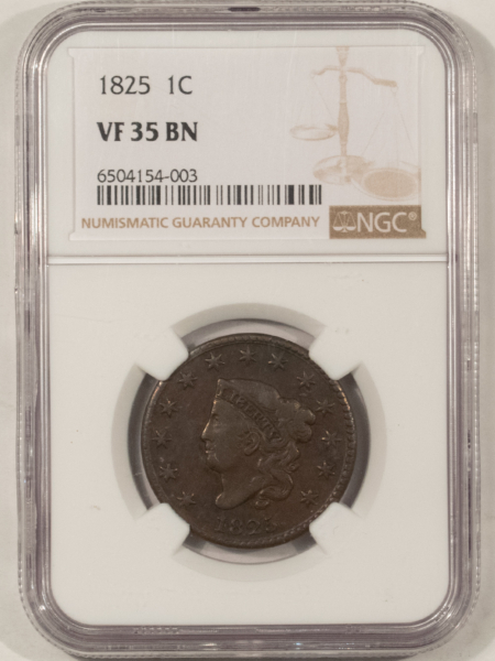 Coronet Head Large Cents 1825 CORONET HEAD LARGE CENT – NGC VF-35 BN, TOUGH!