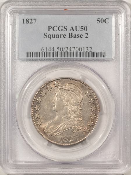 Early Halves 1827 CAPPED BUST HALF DOLLAR, SQUARE BASE 2, PCGS AU-50 ATTRACTIVE W/ LUSTER