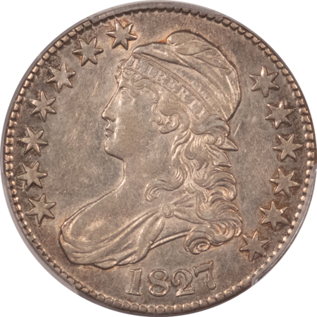 Early Halves 1827 CAPPED BUST HALF DOLLAR, SQUARE BASE 2, PCGS AU-50 ATTRACTIVE W/ LUSTER