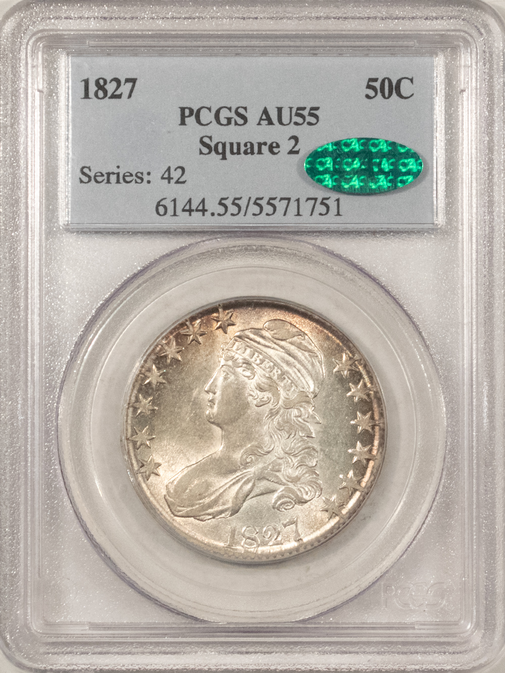 CAC Approved Coins 1827 CAPPED BUST HALF DOLLAR, SQUARE BASE 2, PCGS AU-55 CAC, FLASHY & SUPER PQ!! CAC Approved Coins 1827 CAPPED BUST HALF DOLLAR, SQUARE BASE 2, PCGS AU-55 CAC, FLASHY & SUPER PQ!!