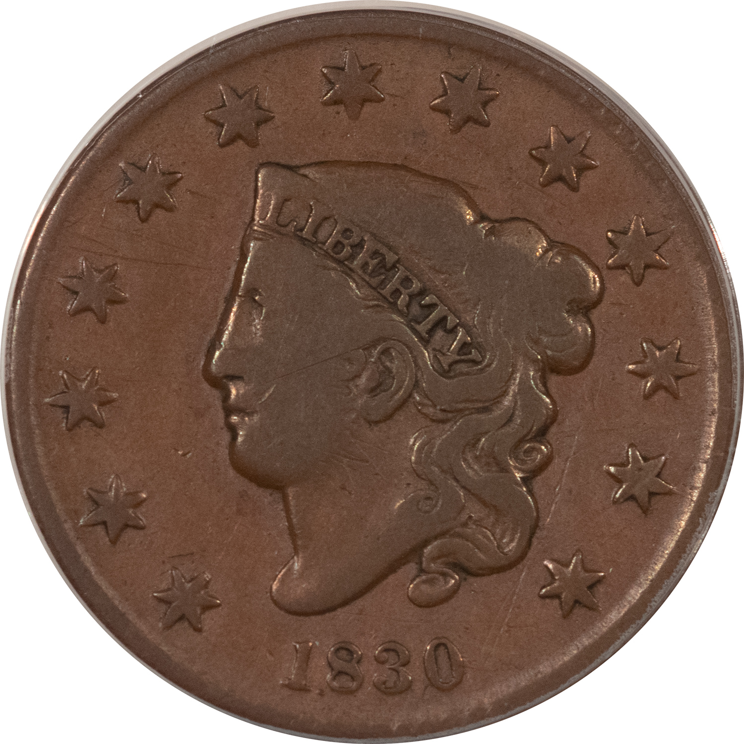 Coronet Head Large Cents 1830 CORONET HEAD LG CENT N-6 MED LETTERS ANACS VG-8 DET SCRATCH, SCARCE VARIETY Coronet Head Large Cents 1830 CORONET HEAD LG CENT N-6 MED LETTERS ANACS VG-8 DET SCRATCH, SCARCE VARIETY