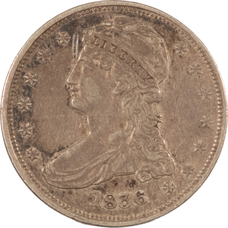 Early Halves 1836 CAPPED BUST HALF DOLLAR – REEDED EDGE, WHOLESOME HIGH GRADE, OBV MARK! RARE